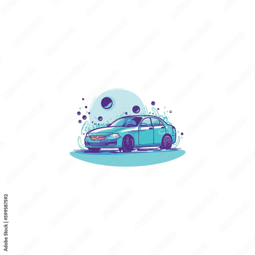 shiny clean car being washed include water bubbles, car wash company logo. modern flat color 