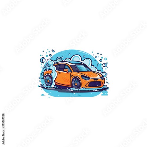 shiny clean car being washed include water bubbles, car wash company logo. modern flat color 