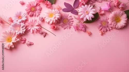 Flowers on a pink background. AI generated.