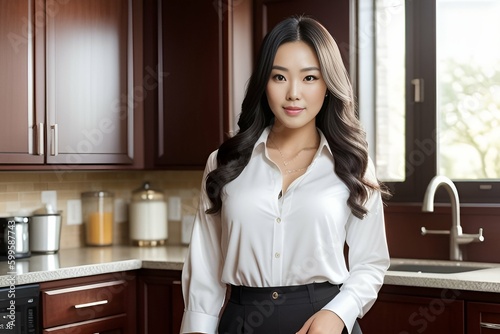 Generative Ai. An Asian businesswoman in a business suit in the kitchen