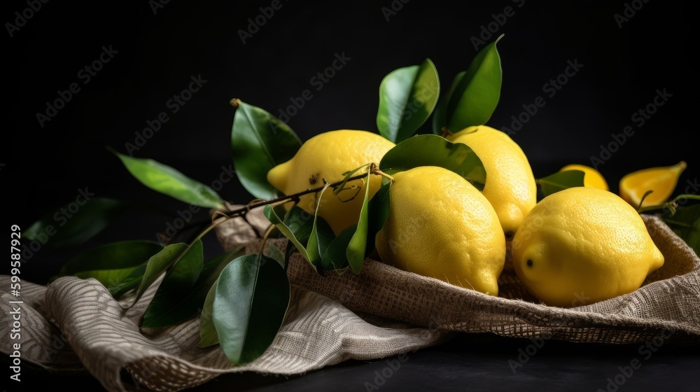 Lemon. Fruit with half and leaves isolated on white. AI generated.