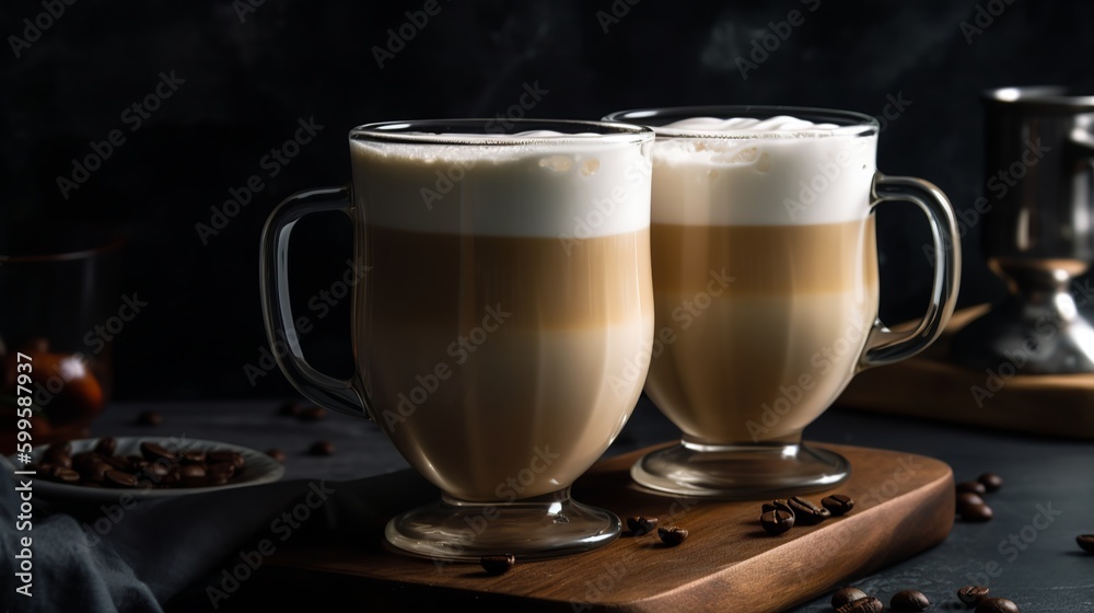 Cup of coffee with coffee beans and cinnamon, Generative AI