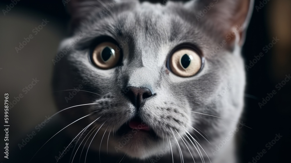 Gray cat with wide open eyes looking up with fear and surprise. AI generated. Gray cat with wide open eyes looking up with fear and surprise. AI generated.