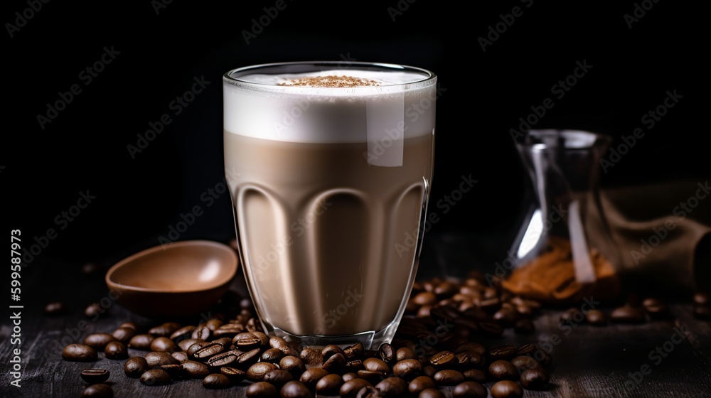Cup of coffee with coffee beans and cinnamon, Generative AI Cup of coffee with coffee beans and cinnamon, Generative AI