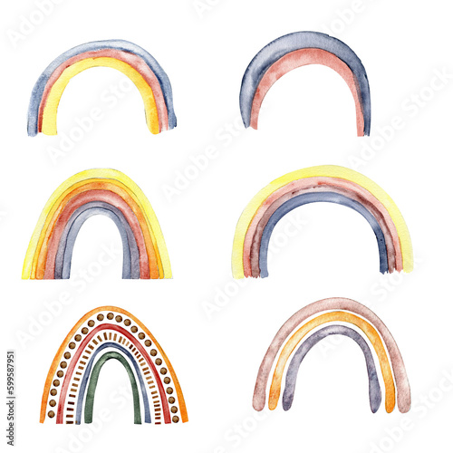 Watercolor hand painted cute rainbow. Illustration isolated on white background. Design for baby shower party, birthday, cake, holiday design, greetings card, invitation.