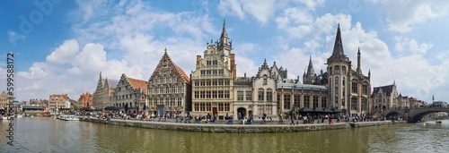 Panoramic view of historical houses at the canal in the old town of Ghent, Belgium