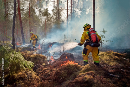 Valokuvatapetti Firefighters put out a fire in the forest, Ai generative
