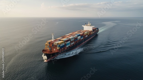 Huge container ship in the sea. AI generated.