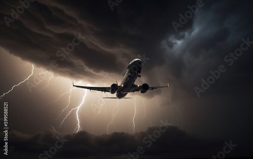 Generative AI illustration of low angle of dramatic view of airplane flying in dark cloudy sky during thunderstorm with lightning photo