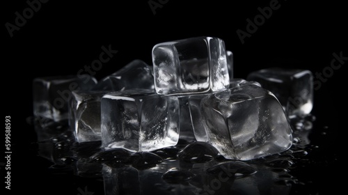 Pile of crystal clear ice cubes on black background. AI generated.
