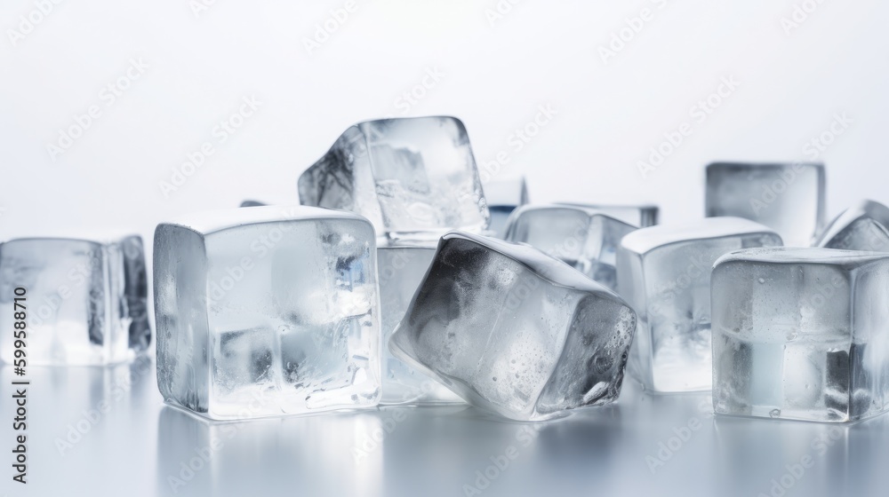 Pile of crystal clear ice cubes on white background. AI generated. Pile of crystal clear ice cubes on white background. AI generated.