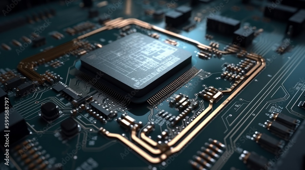 Generative AI illustration of macro shot with computer motherboard. AI generated. Generative AI illustration of macro shot with computer motherboard. AI generated.