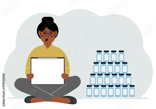 A woman holds a clipboard with a blank sheet of paper in his hands. There are many jars of vaccines nearby.