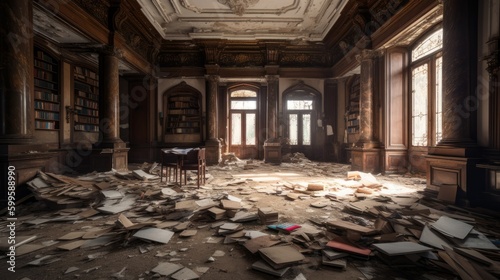 Image of an old ornate but abandoned library. AI generated.