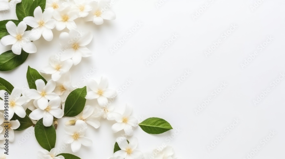 Jasmine white flowers on white background. AI generated. Jasmine white flowers on white background. AI generated.