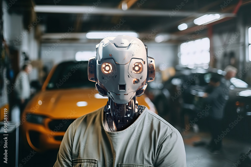 Portrait of a robot mechanic in a car workshop. Generative AI Portrait of a robot mechanic in a car workshop. Generative AI