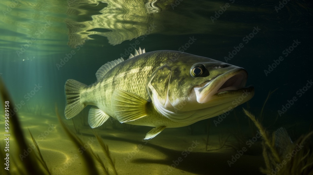 Underwater picture of a fresh water fish Largemouth Bass. AI