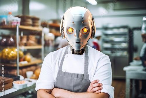 Portrait of a robot cook in a kitchen. Generative AI photo