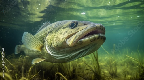 Underwater picture of a fresh water fish Largemouth Bass. AI generated. photo