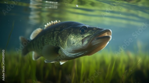 Underwater picture of a fresh water fish Largemouth Bass. AI generated.