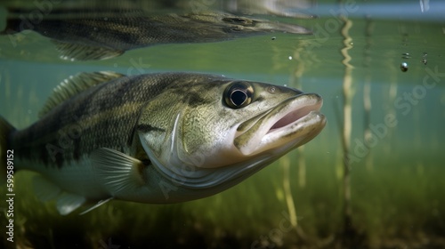 Underwater picture of a fresh water fish Largemouth Bass. AI generated.