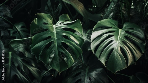 Lush green monstera leaves. Tropical jungle foliage, dark green leaf nature background. AI generated