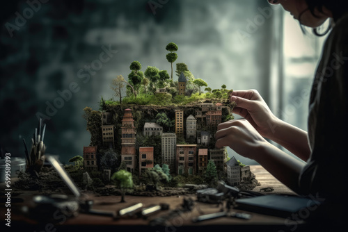 AI generated illustration of crop anonymous female creating small mockup of multistory building with green woods on top in dim light photo