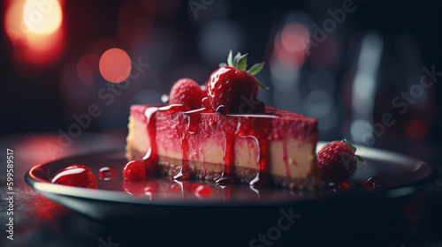 Strawberry cheesecake with red fruit sauce Generative AI  © Wagner