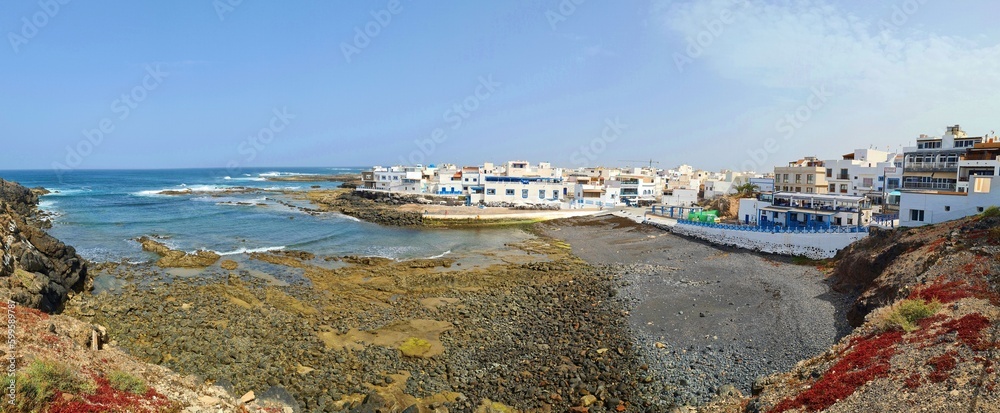 Panoramic view of the idyllic fishing village El Cotillo, Fuerteventura, Canary Islands, Spain
