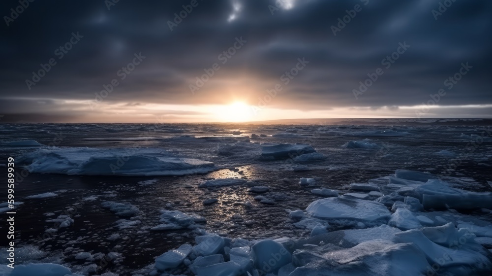 Sunlight at the south polethe dark blue sea with ice