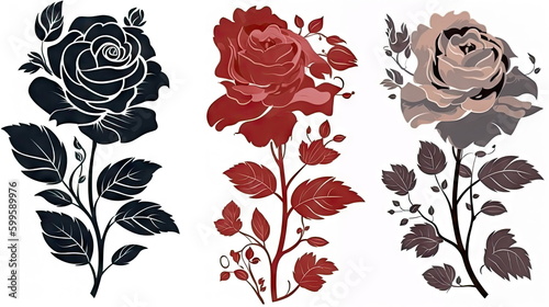 Set of decorative rose with leaves, Flower silhoutte on white background © waranyu