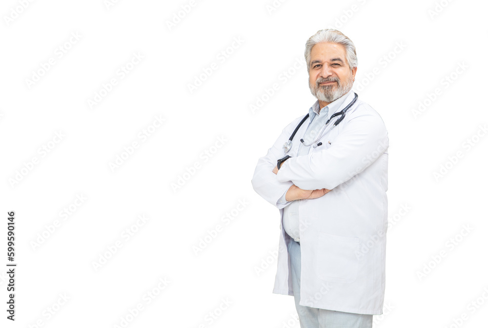 Portrait happy senior indian male doctor with stethoscope standing cross arms isolated over white background, healthcare and medical concept. Portrait happy senior indian male doctor with stethoscope standing cross arms isolated over white background, healthcare and medical concept.