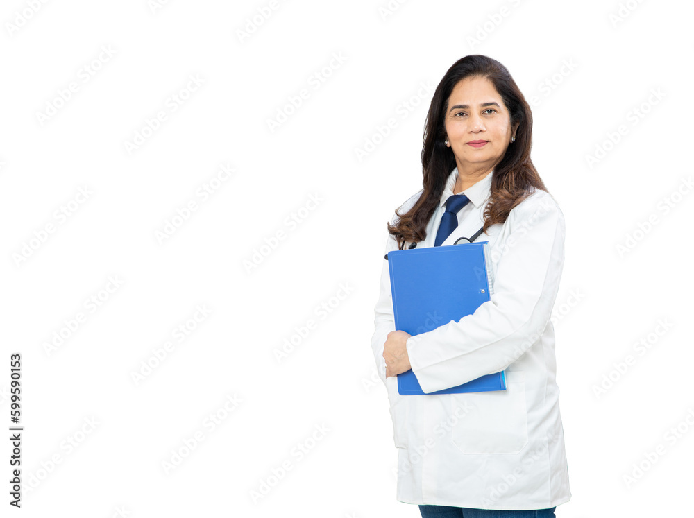 Portrait happy beautiful indian female doctor with stethoscope standing holding patient files in hand isolated over white background, healthcare and medical concept. copy space. Portrait happy beautiful indian female doctor with stethoscope standing holding patient files in hand isolated over white background, healthcare and medical concept. copy space.