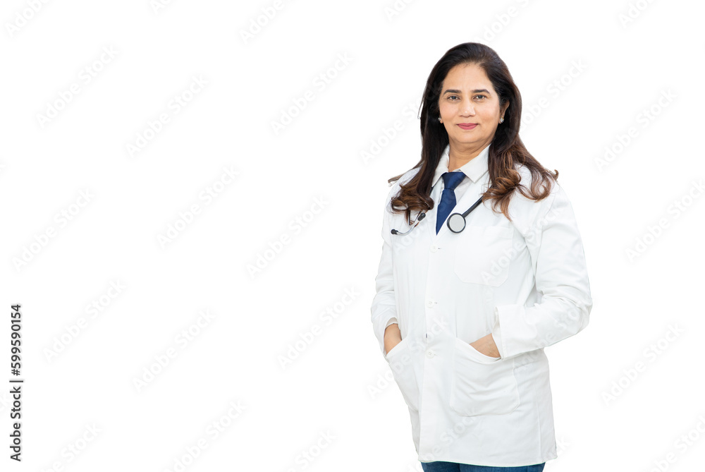 Portrait happy beautiful indian female doctor with stethoscope standing isolated over white background, healthcare and medical concept. Portrait happy beautiful indian female doctor with stethoscope standing isolated over white background, healthcare and medical concept.