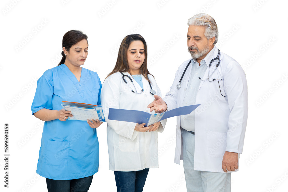 Indian doctor and medical staff discussing medical report isolated over white background, healthcare concept. Indian doctor and medical staff discussing medical report isolated over white background, healthcare concept.