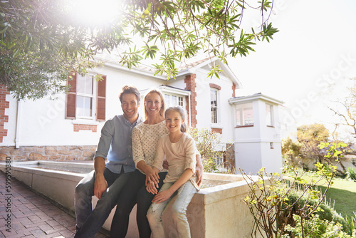 Photos Portrait, home and family outdoor, smile and bonding with quality time, homeowner and cheerful