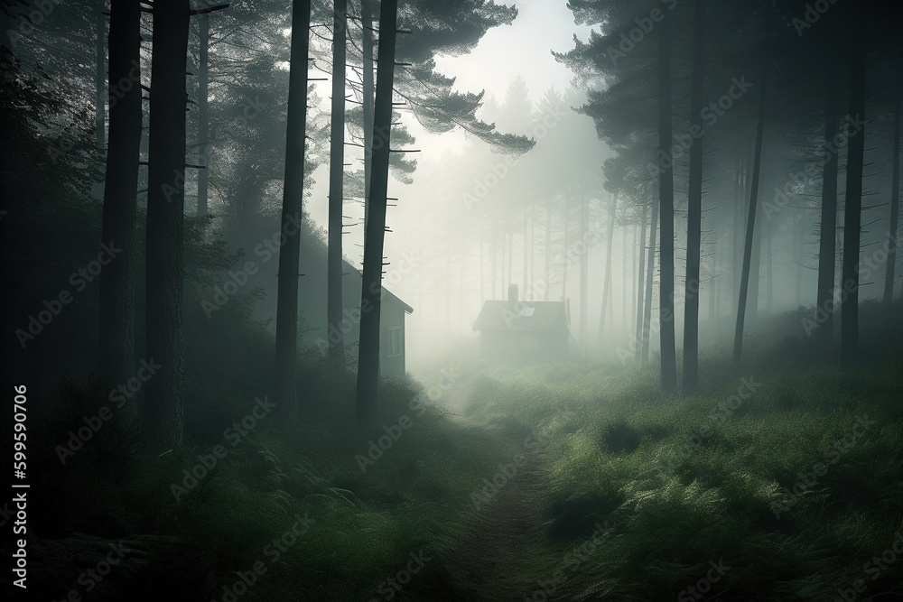 gloomy and atmospheric house standing in the forest covered with fog AI