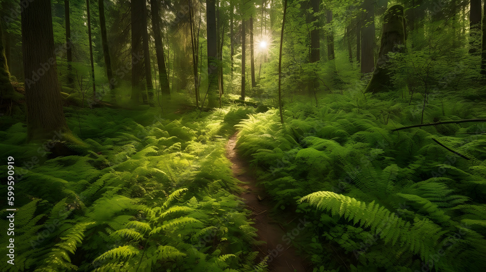 Fototapeta premium 日本の森の春の静寂： ゼンマイシダが繁茂する No.001 | Springtime Serenity in a Japanese Forest: Thriving Zenmai Ferns Generative AI