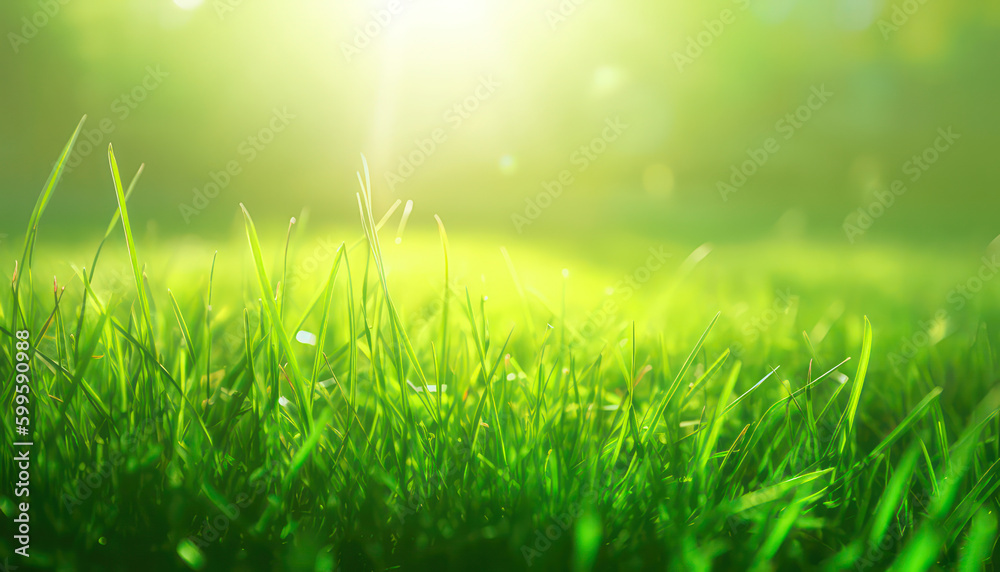 Lush green lawn close up with vibrant grass bathed in warm sunlight