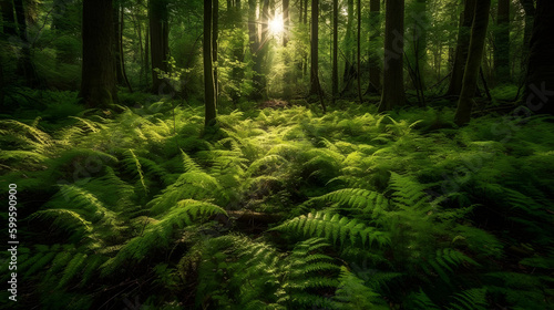 日本の森の春の静寂： ゼンマイシダが繁茂する No.002 | Springtime Serenity in a Japanese Forest: Thriving Zenmai Ferns Generative AI