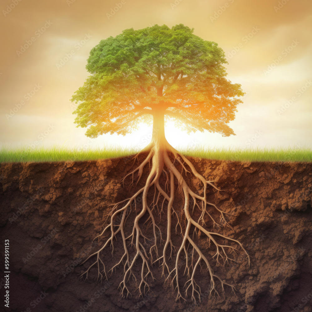 Complex root system of a tree deep underground, soil cross section view ...