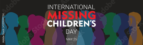 International Missing Children's Day design banner. It features colorful silhouette of children on a black background. Vector illustration