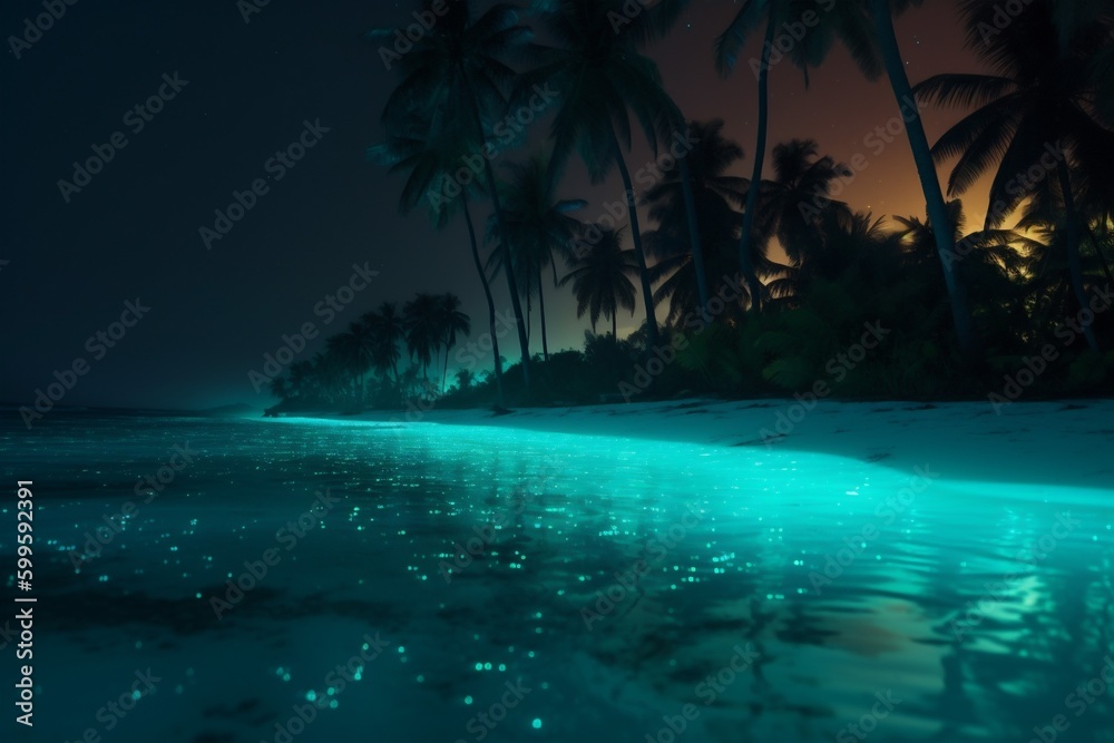 ocean beach sky luminous palm paradise tree night vacation blue tropical. Generative AI.