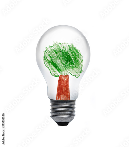 Nachhaltiger Strom fin einer Glühlampe als Composing mit Kinderzeichnung