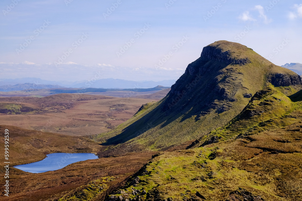 Clifftop and lake view in the Quiraing nature reserve on the isle of Skye