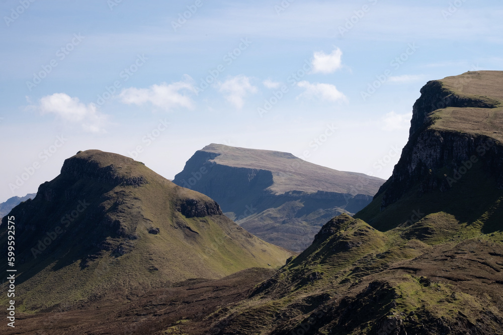 View of cliffs in The Quiraing nature reserve in Scotland