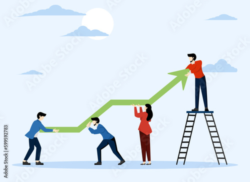 work together or working together to improve efficiency concept, Team growth, team work to help improve work and achieve success, help business people push green graph and up arrow graphic.