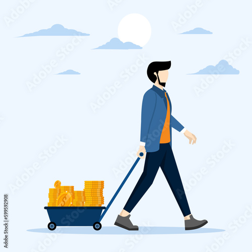Successful Investor concept, rich people make money from business or investment, income and earnings, budget, savings or profits, rich and successful businessman with lots of gold coins in cart.