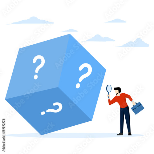 unknown or uncertain concept, Random or chance to win, gamble, risk management or opportunity analysis, future prediction, businessman with magnifying glass analyzing dice with question mark.