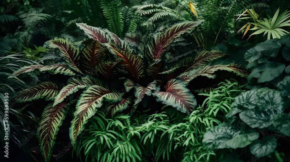 みずみずしく、多彩に： 南国の葉物植物の美しい組み合わせ No.019 | Lush and Varied: A Beautiful Combination of Tropical Foliage Plants Generative AI